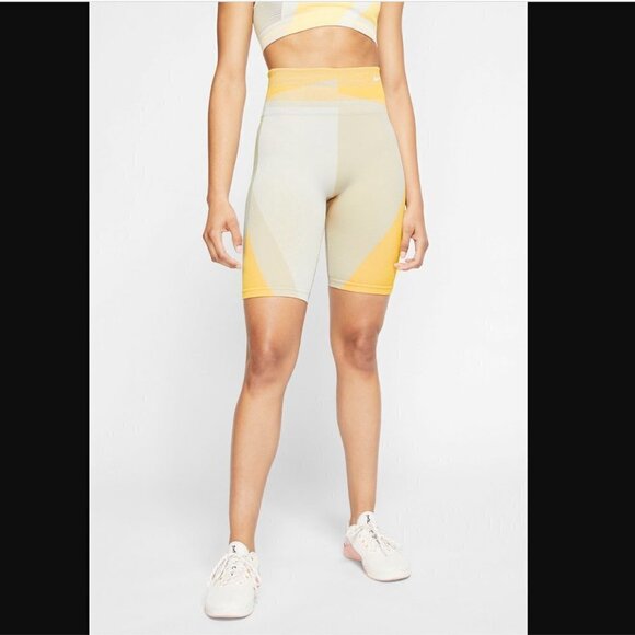 Nike Dri Fit Yellow Gray Colorblock Icon Clash Seamless 8" Bike Shorts M